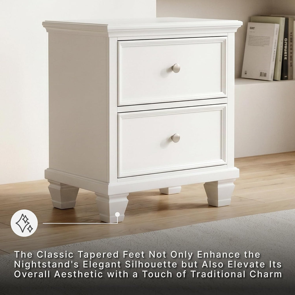 Signature Design by Ashley Fortman White Nightstand, 2 Drawer Storage, Hardwood Solids and MDF Construction, Traditional Wood Bedside Table, 25" W