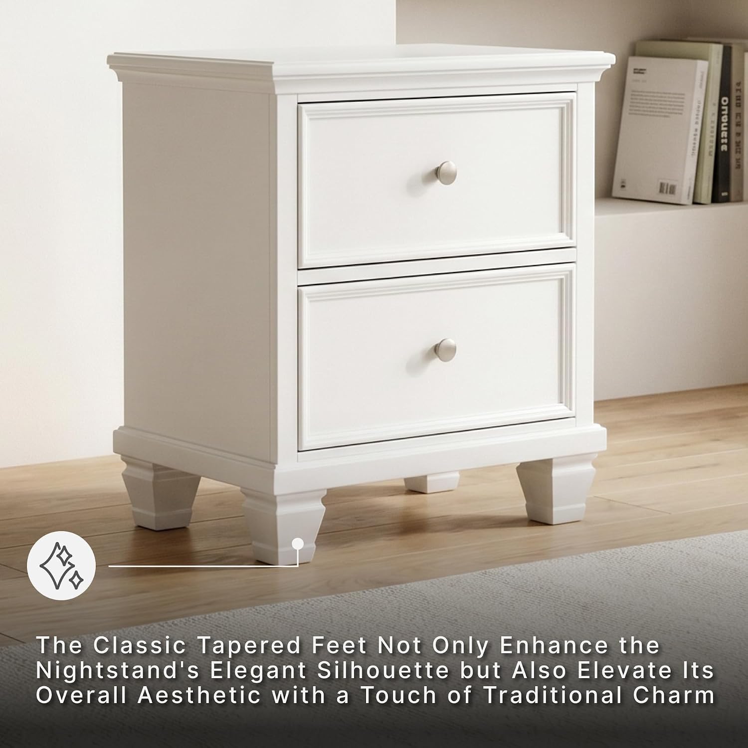 Signature Design by Ashley Fortman White Nightstand, 2 Drawer Storage, Hardwood Solids and MDF Construction, Traditional Wood Bedside Table, 25" W