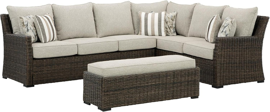 Signature Design by Ashley Brook Ranch Outdoor Sectional, 3-Piece Patio Furniture Set with Rust-Free Aluminum Frame, L Shaped Resin Wicker Couch and Bench for Backyard Entertaining, Beige & Brown