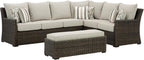 Signature Design by Ashley Brook Ranch Outdoor Sectional, 3-Piece Patio Furniture Set with Rust-Free Aluminum Frame, L Shaped Resin Wicker Couch and Bench for Backyard Entertaining, Beige & Brown