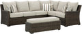 Signature Design by Ashley Brook Ranch Outdoor Sectional, 3-Piece Patio Furniture Set with Rust-Free Aluminum Frame, L Shaped Resin Wicker Couch and Bench for Backyard Entertaining, Beige & Brown