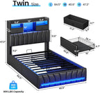 DICTAC Twin Bed Frames with Storage Headboard and 2 Large Drawers, Gaming Bed with RGB Lights and Charging Station, Leather Upholstered Platform Bed, Esports-Style Bed, No Box Spring Needed, Black