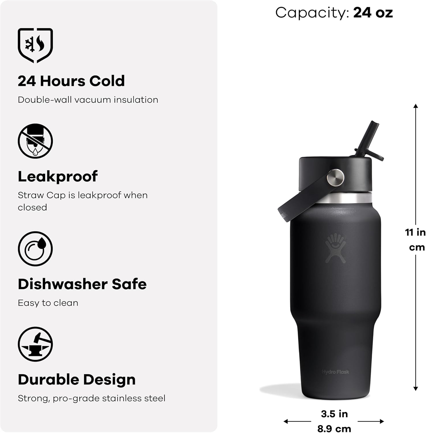 Hydro Flask Travel Water Bottle - Insulated Stainless Steel - Wide Straw Lid, Non Spill, Leakproof in 24 Oz Mermaid Green