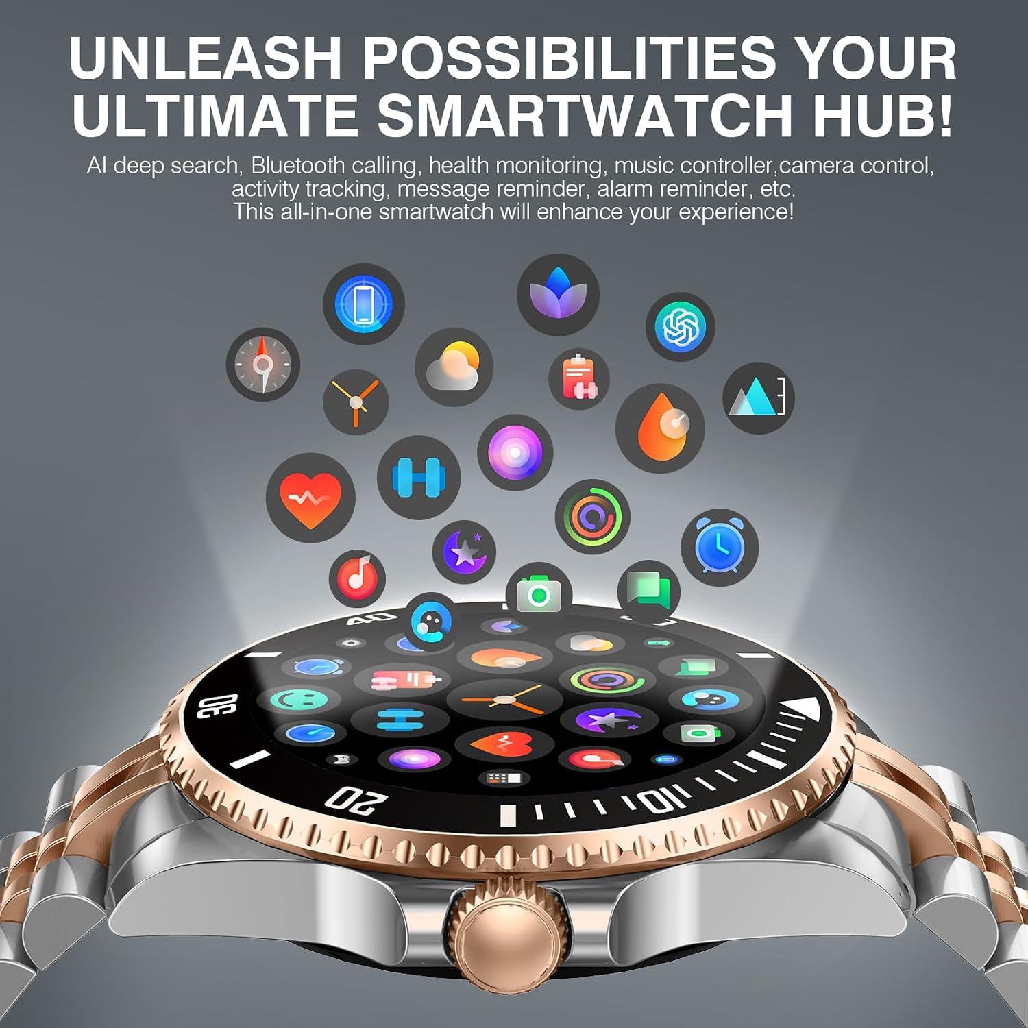 GPT AI Smart Watch with Bluetooth Calls, 1.19-inch AMOLED 44mm, 24/7 Heart Rate, SpO2, Blood Pressure, Sleep Monitor, 107 Sports Fitness Tracker, Smartwatch Compatible Android and iOS Silver Gold