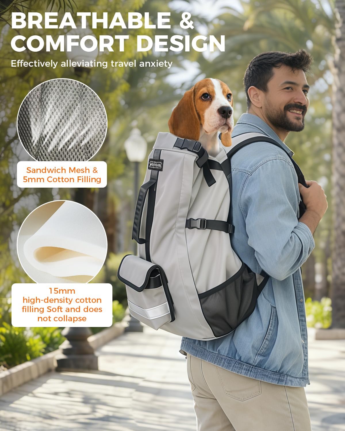 Waterproof Dog Backpack Carrier for Medium Dogs Under 30 lb, Grey | 4-Layer Protection, Adjustable Dog Hiking Backpack with Storage Pockets, Reflective Strips, Non-Slip Handle for Travel
