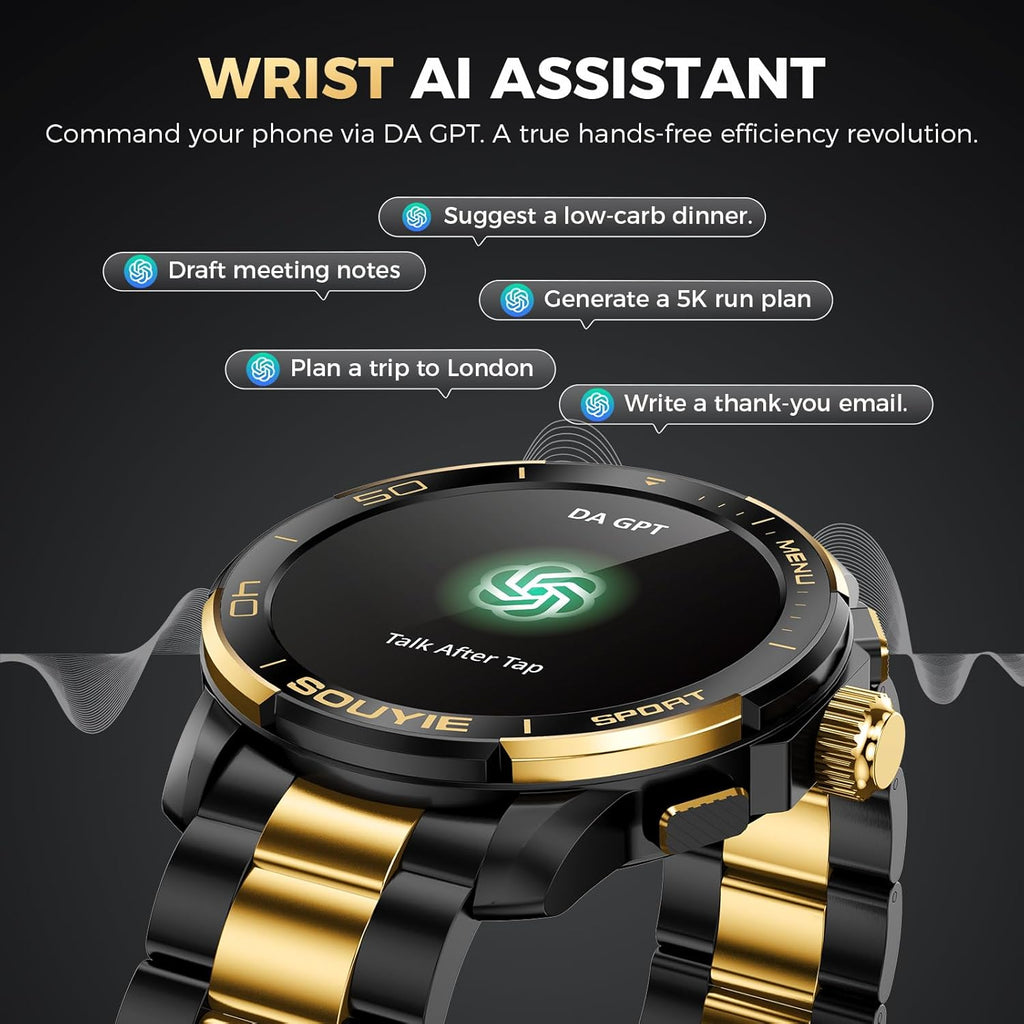 SOUYIE SW-7 Lux Smart Watch for Men, High-Gloss Ceramic Bezel & Two-Tone Steel, 1.43" AMOLED Display, AI GPT Voice Assistant, Bluetooth Calls, Health Monitor, 100+ Sports Modes, Compatible iOS Android