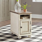 Signature Design by Ashley Realyn Narrow End Table with Charging Station, Chairside End Table, Wood, Engineered Wood and Veneers, Living Room Furniture, Antiqued White and Brown, 14" W