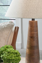 Signature Design by Ashley Danset Wood Table Lamp, 30 Inch Tall Living Room Light with Empire Hardback Fabric Shade, Contemporary Bedside Lighting, Brown