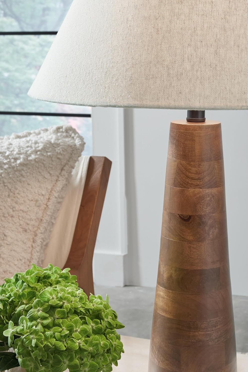 Signature Design by Ashley Danset Wood Table Lamp, 30 Inch Tall Living Room Light with Empire Hardback Fabric Shade, Contemporary Bedside Lighting, Brown