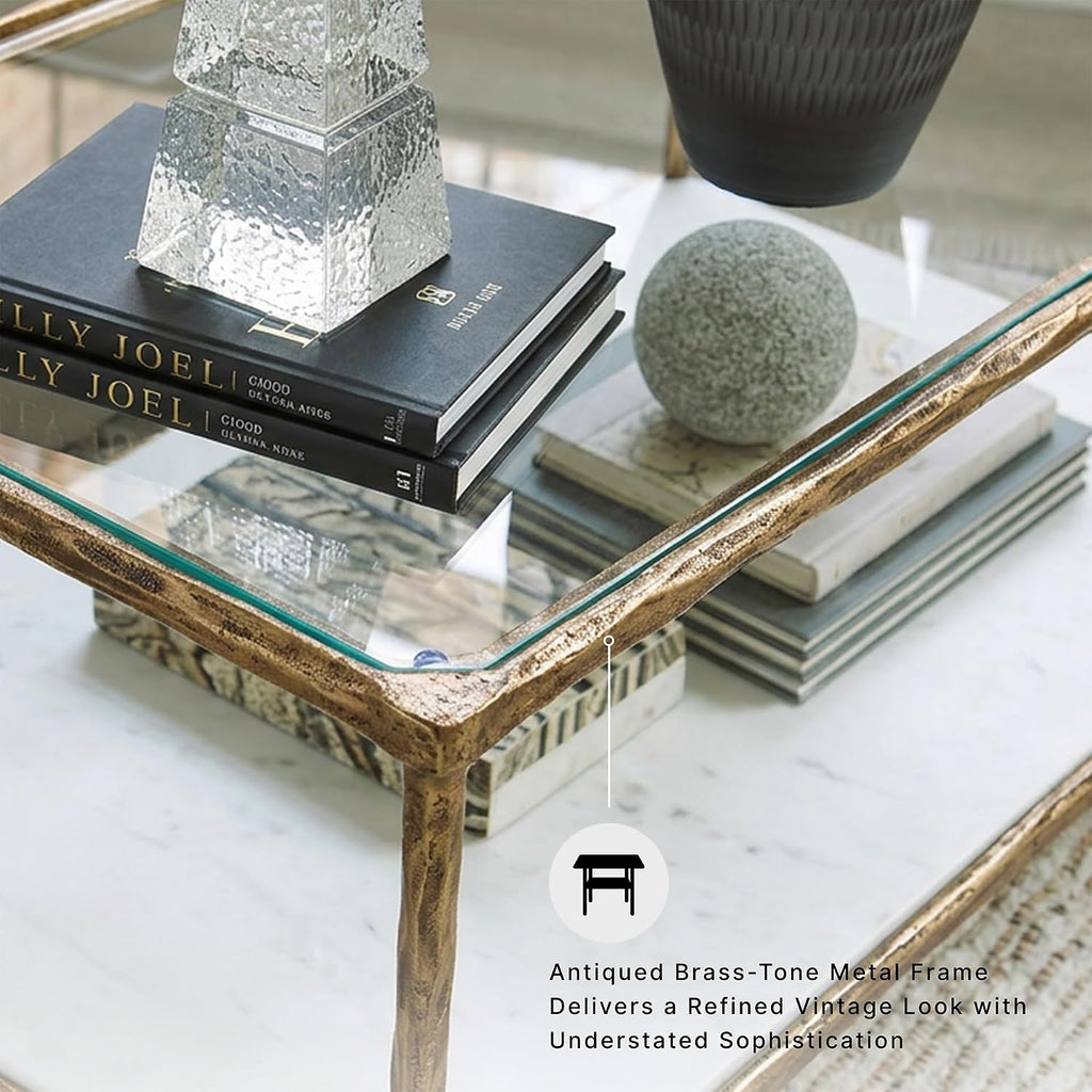 Signature Design by Ashley Ryandale Square Accent Table for Living Room, Sand‑Casted Aluminum Frame With Brass Finish, Glass Top and White Marble Shelf, 21" Size