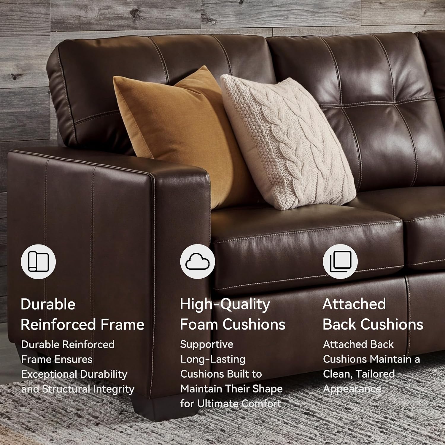 Signature Design by Ashley Santorine Transitional Tufted Leather Match Sofa, Dark Brown