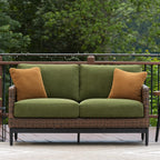 Ashley Horizon Hall Outdoor Loveseat with Cushion, UV-Resistant Nuvella Fabric, Resin Wicker & Aluminum Frame, Ideal for Deck or Lanai Furniture, Brown/Green