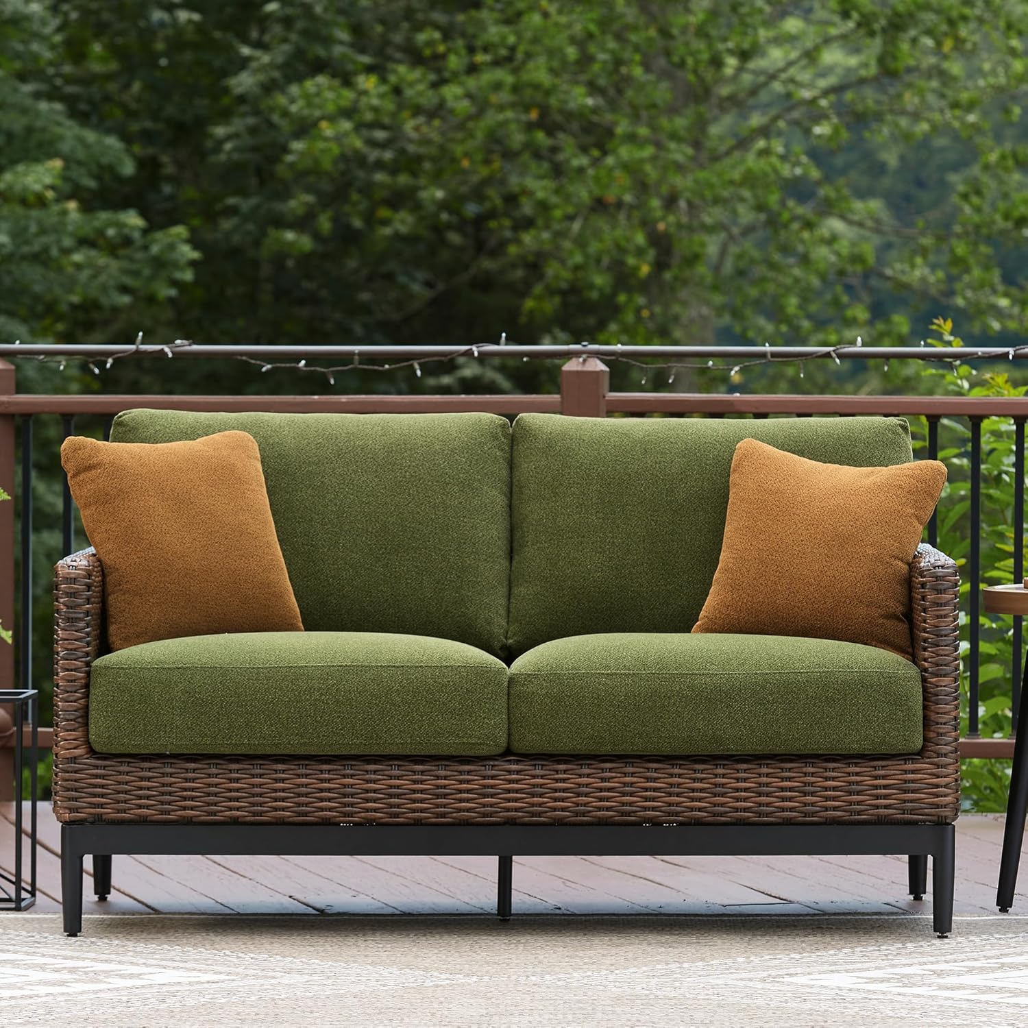 Ashley Horizon Hall Outdoor Loveseat with Cushion, UV-Resistant Nuvella Fabric, Resin Wicker & Aluminum Frame, Ideal for Deck or Lanai Furniture, Brown/Green
