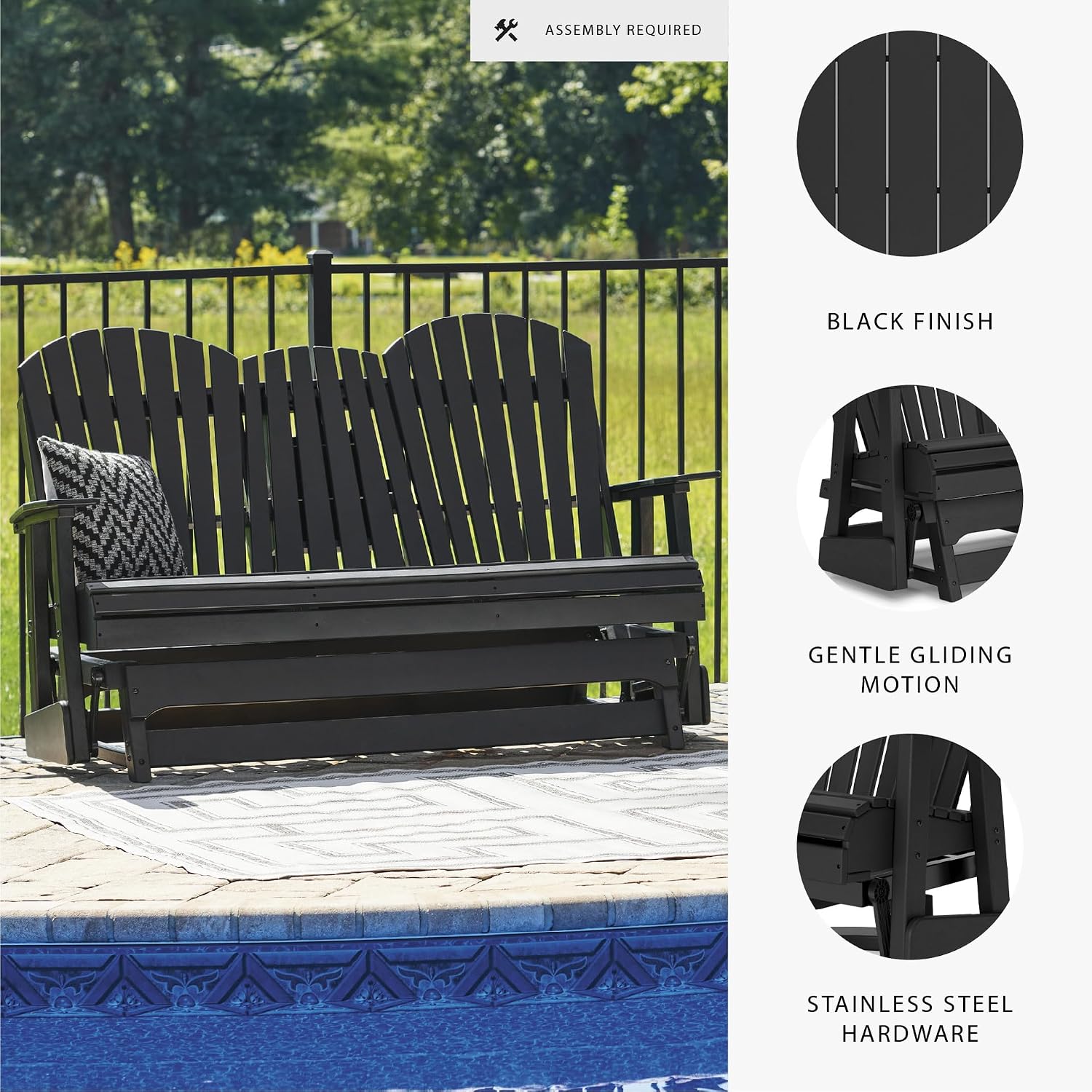 Signature Design by Ashley Hyland Wave Modern Weather Resistant HDPE Outdoor Glider Loveseat with Drop Down Table and 2 Cup Holders, Black