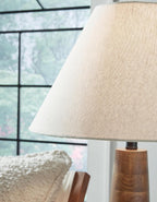 Signature Design by Ashley Danset Wood Table Lamp, 30 Inch Tall Living Room Light with Empire Hardback Fabric Shade, Contemporary Bedside Lighting, Brown
