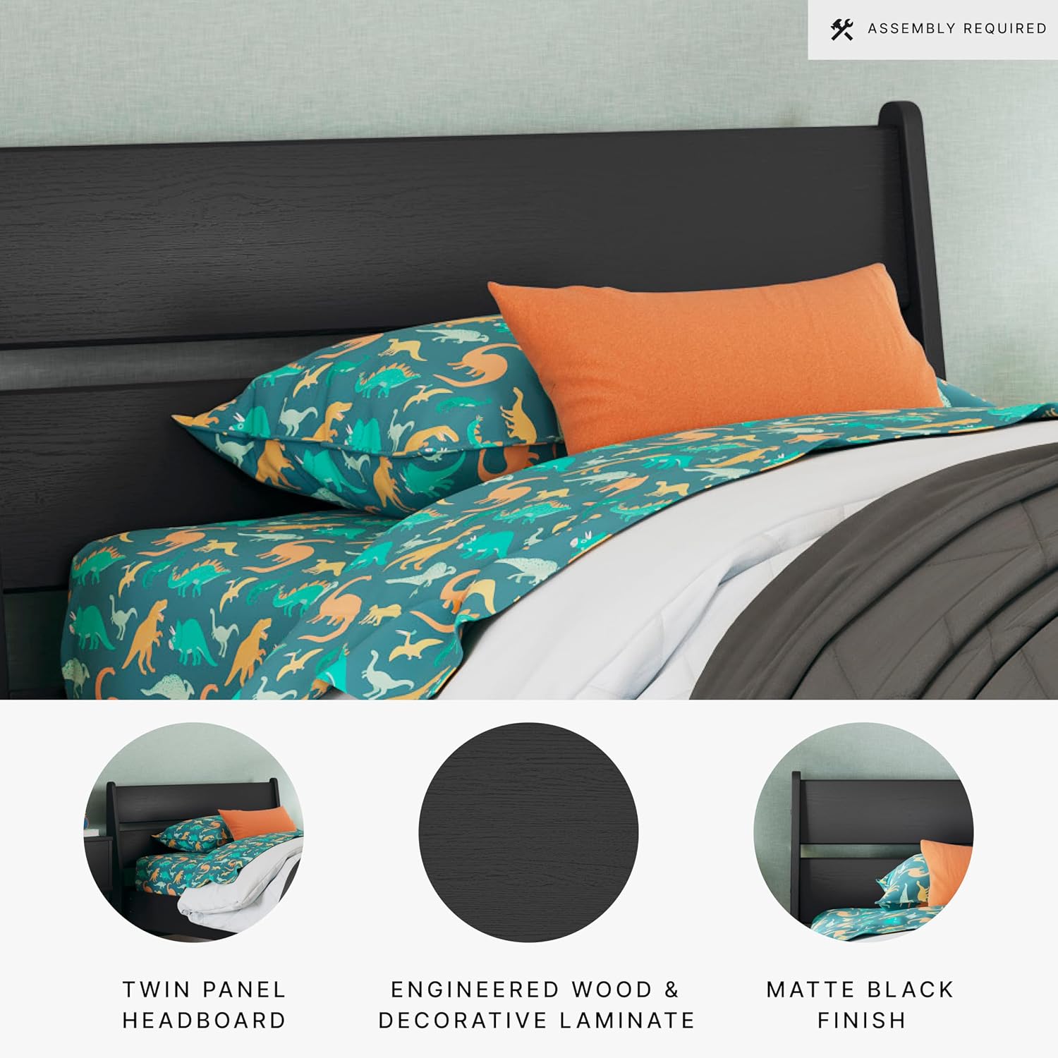 Signature Design by Ashley Socalle Twin Panel Headboard, Bed Frame Mount, Engineered Wood and Decorative Laminate Construction, Ideal for Small Bedrooms and Kids Rooms, Matte Black, Twin