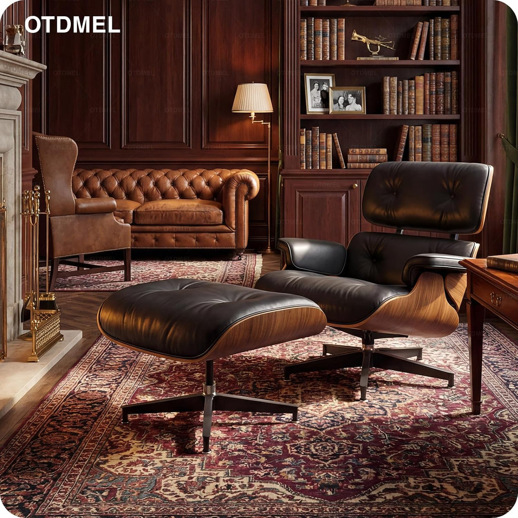 Luxury Top Black Grain Leather Mid Century Chaise Lounge Chair with Ottoman, Premium Handcrafted Walnut Wood, Ergonomic Modern Accent Chair for Living Room Office