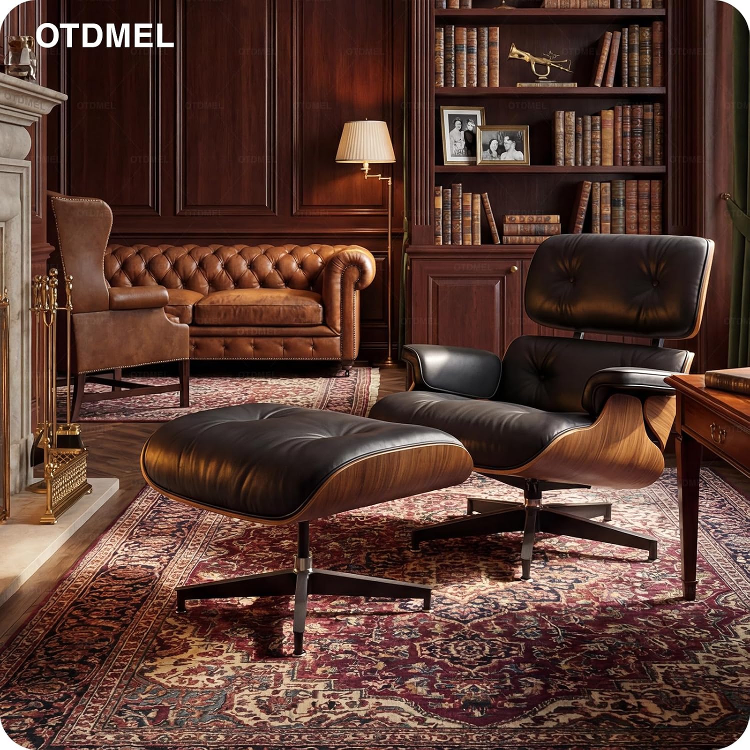 Luxury Top Black Grain Leather Mid Century Chaise Lounge Chair with Ottoman, Premium Handcrafted Walnut Wood, Ergonomic Modern Accent Chair for Living Room Office