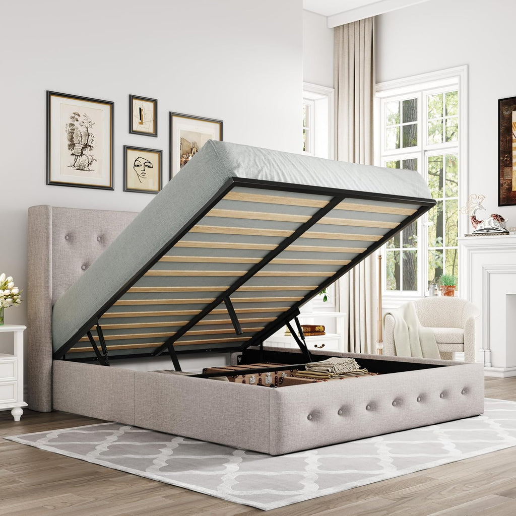 Allewie Queen Size Lift Up Storage Bed, Modern Wingback Headboard, Hydraulic Support, No Box Spring Needed, Light Beige