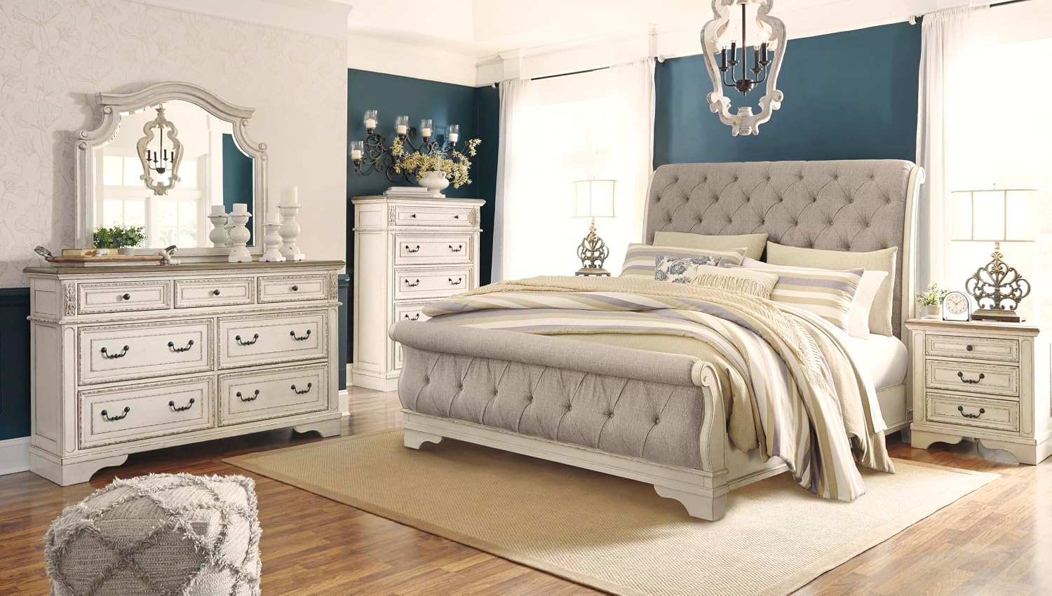 Signature Design by Ashley Realyn French Country 7 Drawer Dresser, Two-Tone Chipped White and Distressed Wood Finish, Smooth-Gliding Bedroom Storage, Ideal for Master Suites, 64" W