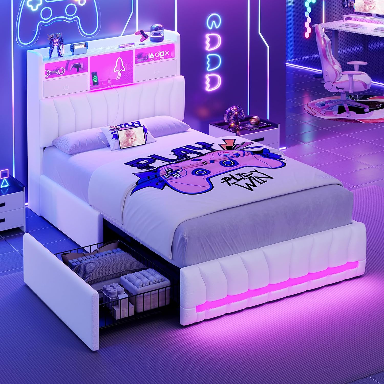 DICTAC Twin Bed Frames with Storage Headboard and 2 Large Drawers, Gaming Bed with RGB Lights and Charging Station, Leather Upholstered Platform Bed, Esports-Style Bed, No Box Spring Needed, Black