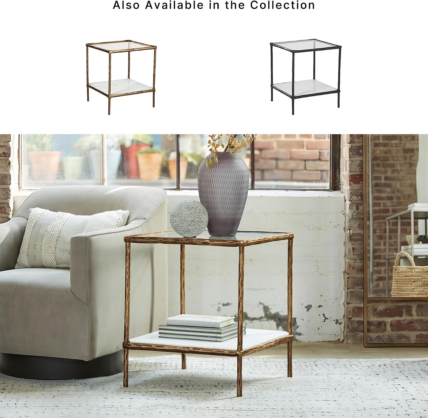 Signature Design by Ashley Ryandale Square Accent Table for Living Room, Sand‑Casted Aluminum Frame With Brass Finish, Glass Top and White Marble Shelf, 21" Size