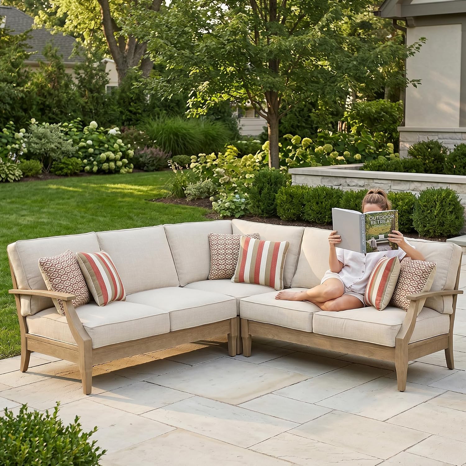 Signature Design by Ashley Clare View Outdoor Sectional, 3-Piece Eucalyptus Wood Couch, Nuvella Performance Fabric Cushions, Contemporary Patio Furniture Set for Deck or Backyard, Beige