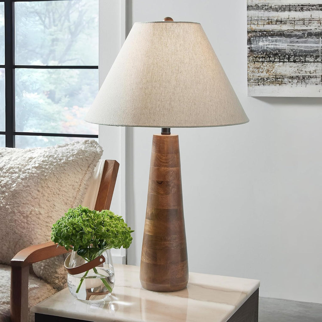 Signature Design by Ashley Danset Wood Table Lamp, 30 Inch Tall Living Room Light with Empire Hardback Fabric Shade, Contemporary Bedside Lighting, Brown