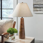 Signature Design by Ashley Danset Wood Table Lamp, 30 Inch Tall Living Room Light with Empire Hardback Fabric Shade, Contemporary Bedside Lighting, Brown