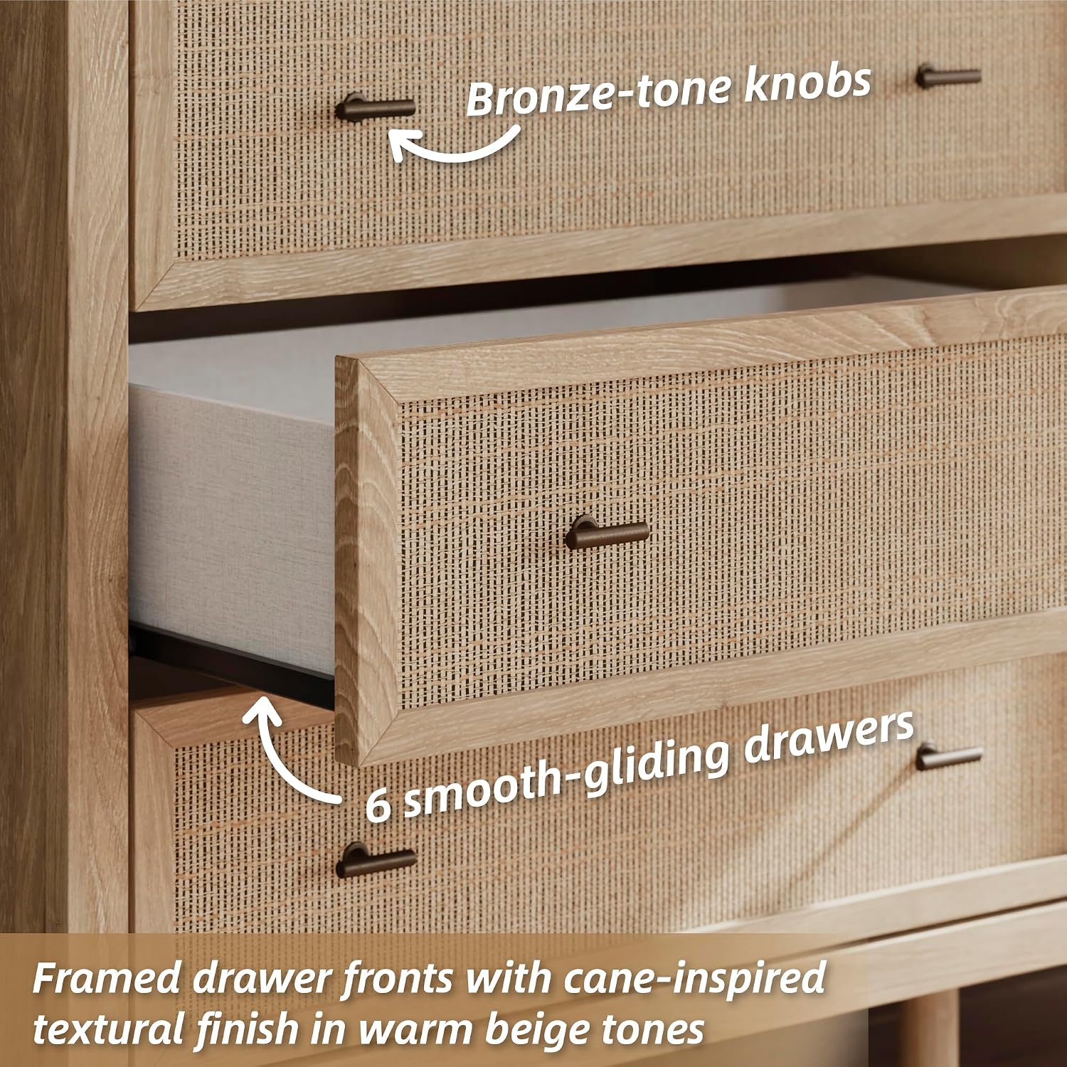 Signature Design by Ashley Cielden 6 Drawer Dresser, Quick 10-Minute Assembly, Textured Cane Details, Coastal Modern Bedroom Storage, Light Brown Two-Tone