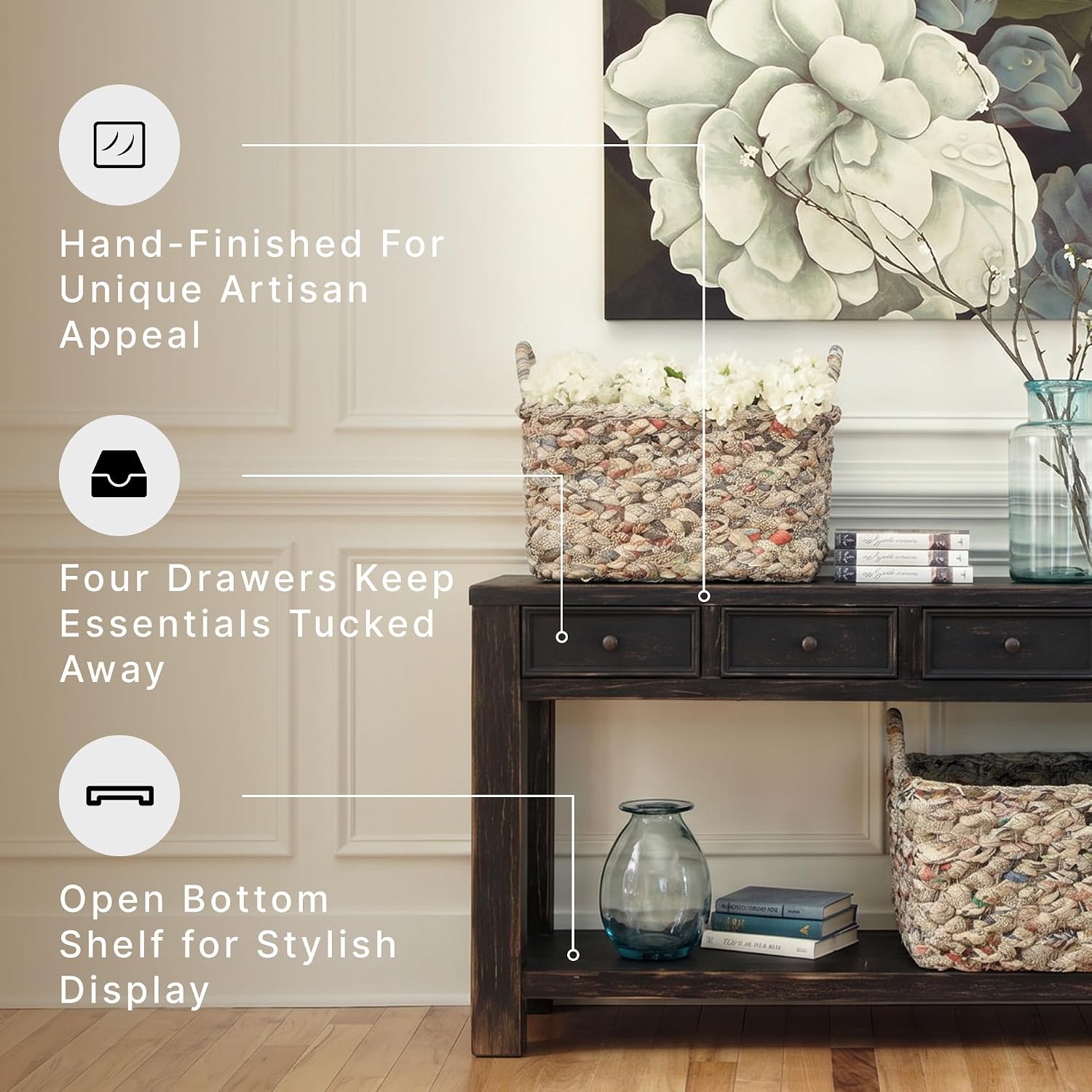 Signature Design by Ashley Gavelston Sofa Table, Couch Table with Drawers & Shelf, Hand-Finished Wood Console for Living Room or Entryway, Weathered Black