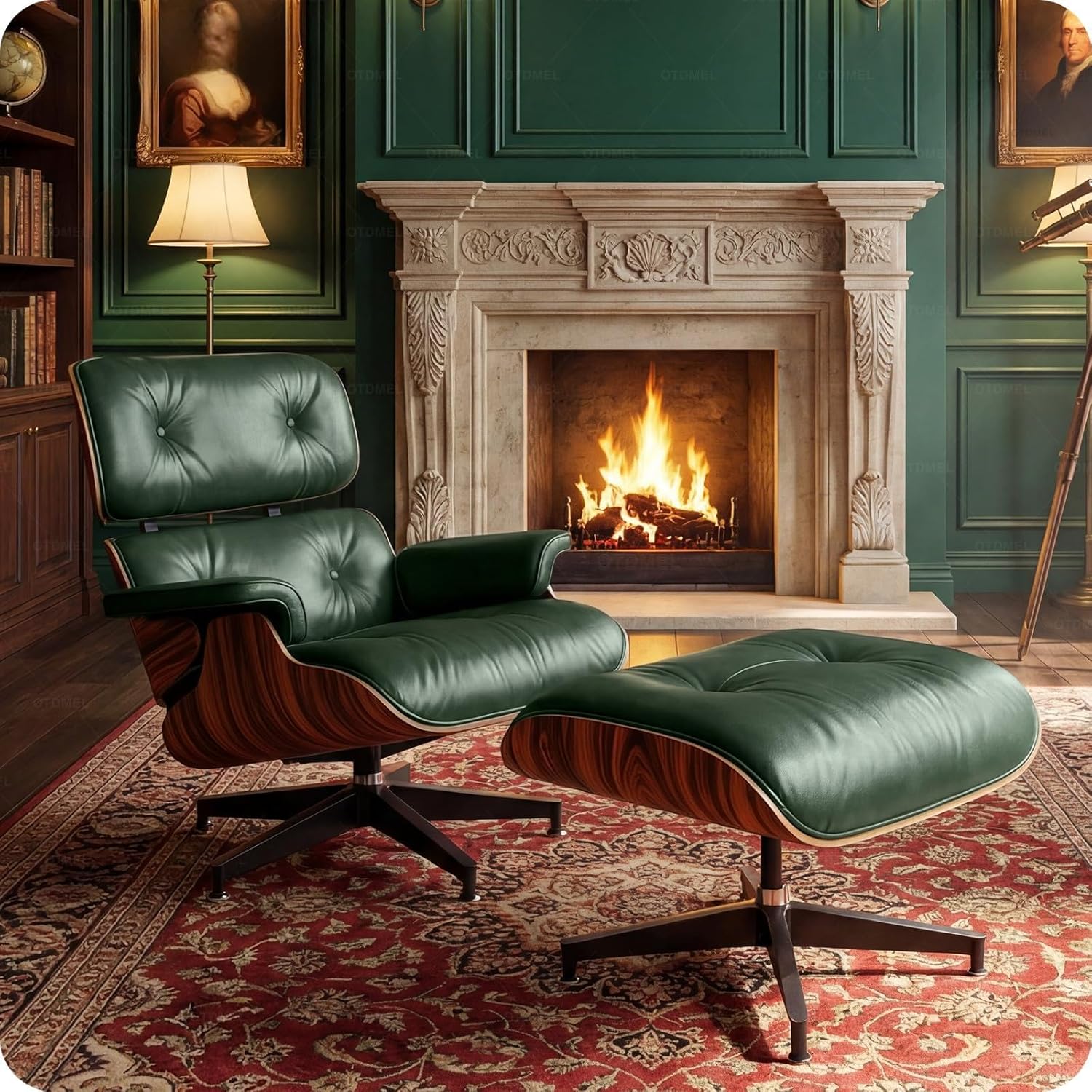 Luxury Top Black Grain Leather Mid Century Chaise Lounge Chair with Ottoman, Premium Handcrafted Walnut Wood, Ergonomic Modern Accent Chair for Living Room Office