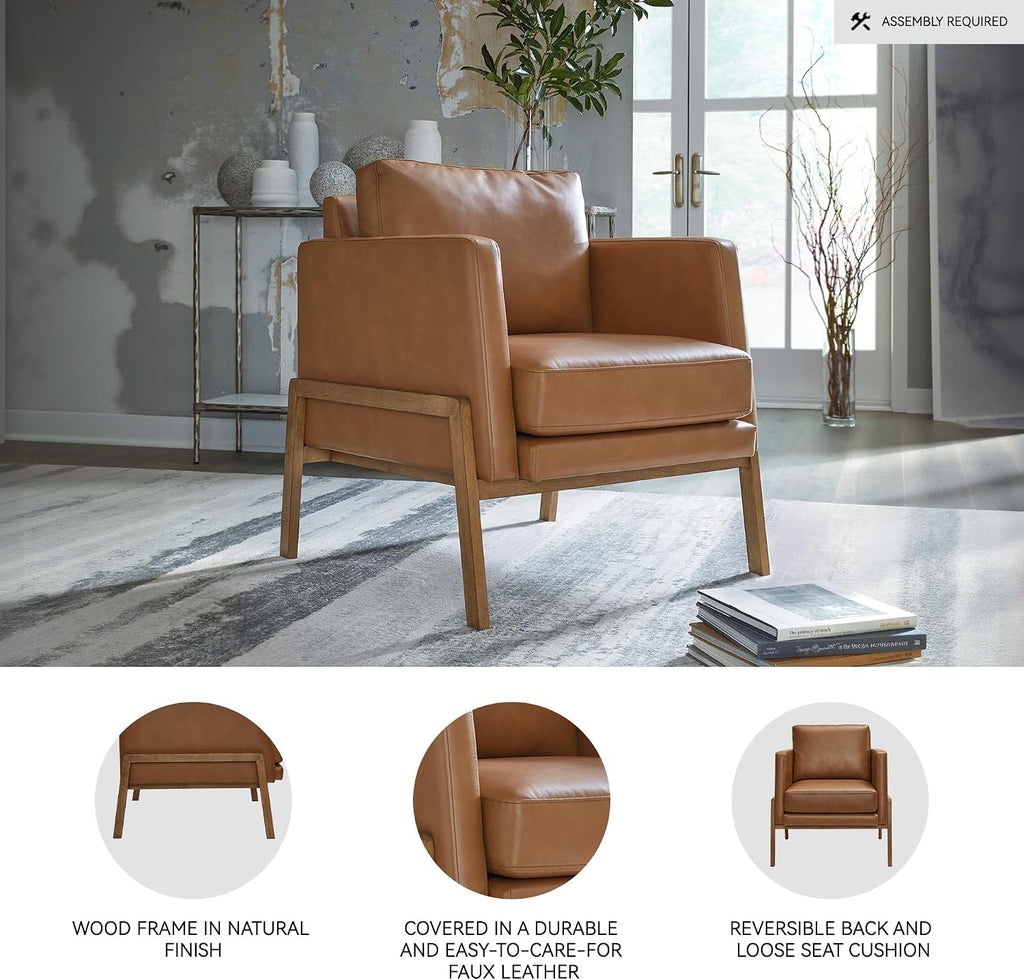 Signature Design by Ashley Numund Contemporary Faux Leather Upholstered Accent Chair with Removable Cushions and Track Arms, Light Brown