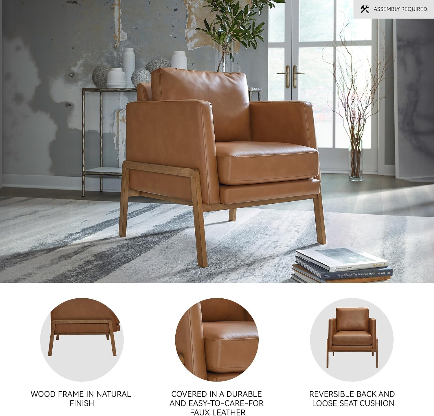 Signature Design by Ashley Numund Contemporary Faux Leather Upholstered Accent Chair with Removable Cushions and Track Arms, Light Brown