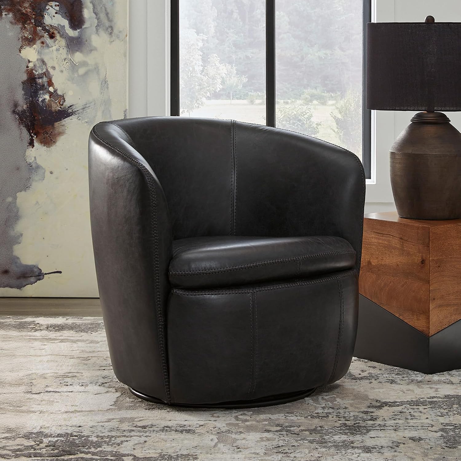 Signature Design by Ashley Kierreys Modern Top Grain Leather Upholstered Swivel Chair with Barrel Back, Black