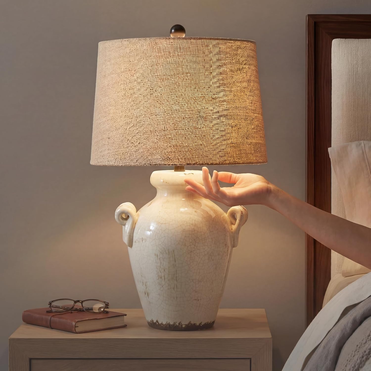 Signature Design by Ashley Emelda Casual Farmhouse Ceramic Table Lamp with Fabric Modified Drum Shade and 3-Way Switch, 27.25', Cream Glaze Crackle Finish