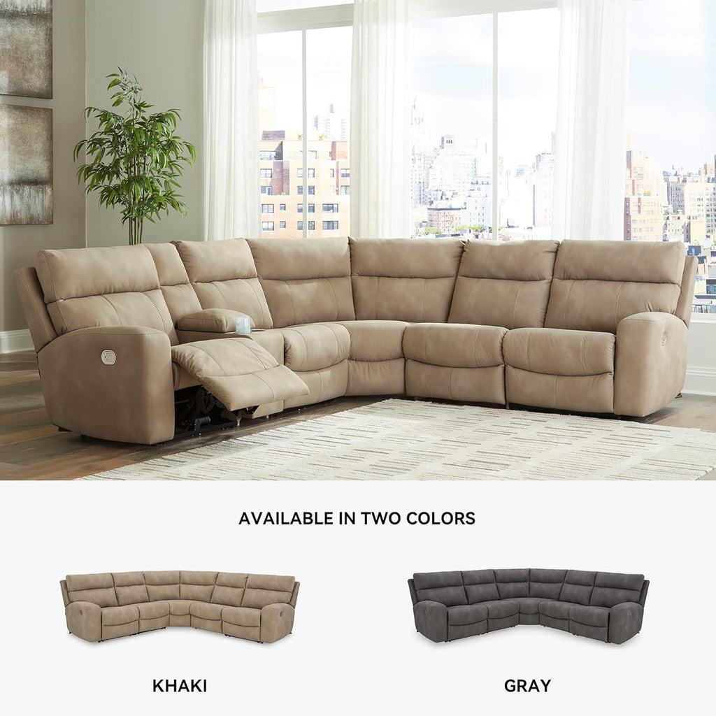 Signature Design by Ashley Next-Gen DuraPella 5-Piece Power Reclining Sectional, Modular L-Shaped Sofa with Zero Gravity Recline and Adjustable Headrest, Water Resistant Faux Leather Couch, Sand