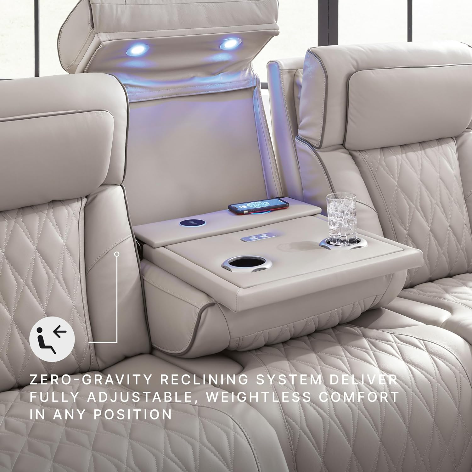Signature Design by Ashley Boyington Contemporary Leather Match Power Reclining Sofa with USB Charging Ports, LED Lights and Adjustable Headrest, Light Gray