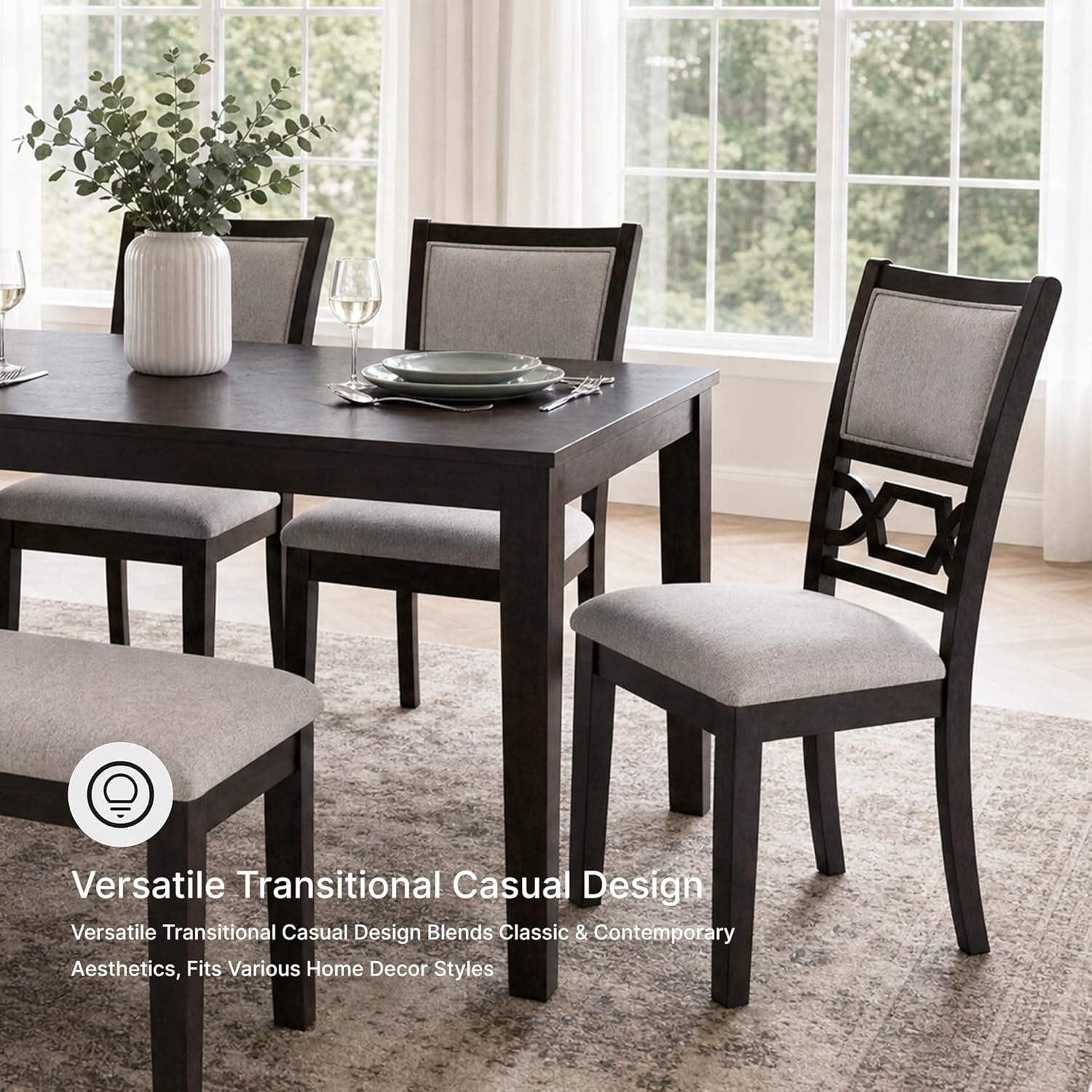 Signature Design by Ashley Langwest Dining Table Set for 6, Transitional 6-Piece Wood Kitchen Table and Chairs Set with Bench, Cushioned Seats, Cherry Brown