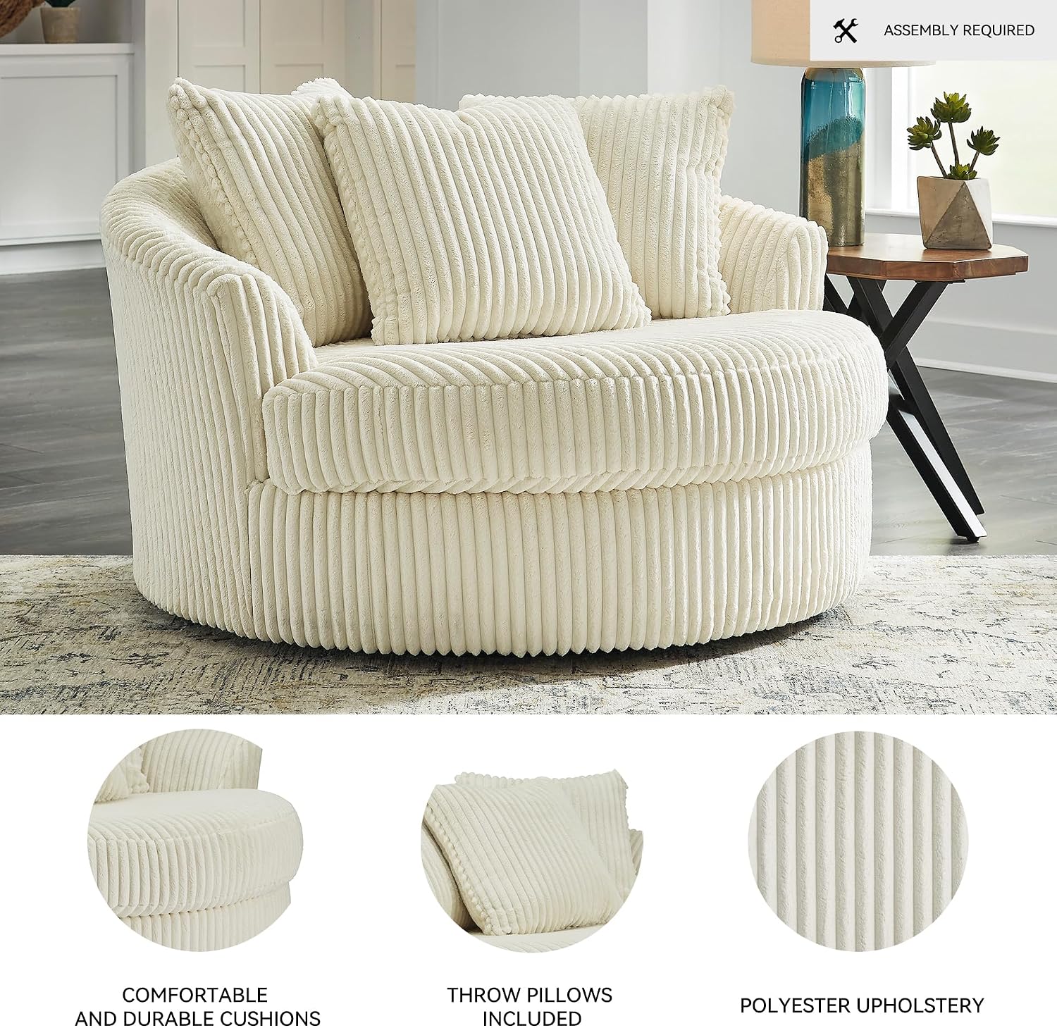 Signature Design by Ashley Lindyn Transitional Oval Tufted Upholstered Oversized Swivel Accent Chair, White