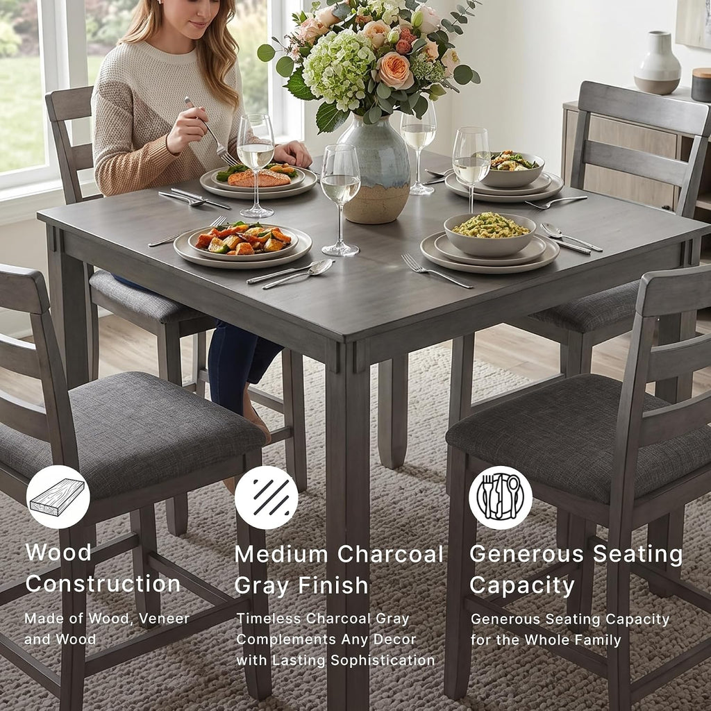 Signature Design by Ashley Bridson 5-Piece Counter Height Dining Table Set, Space-Saving Square Design, Solid Wood, Engineered Wood, and Birch Veneer Construction, Gray