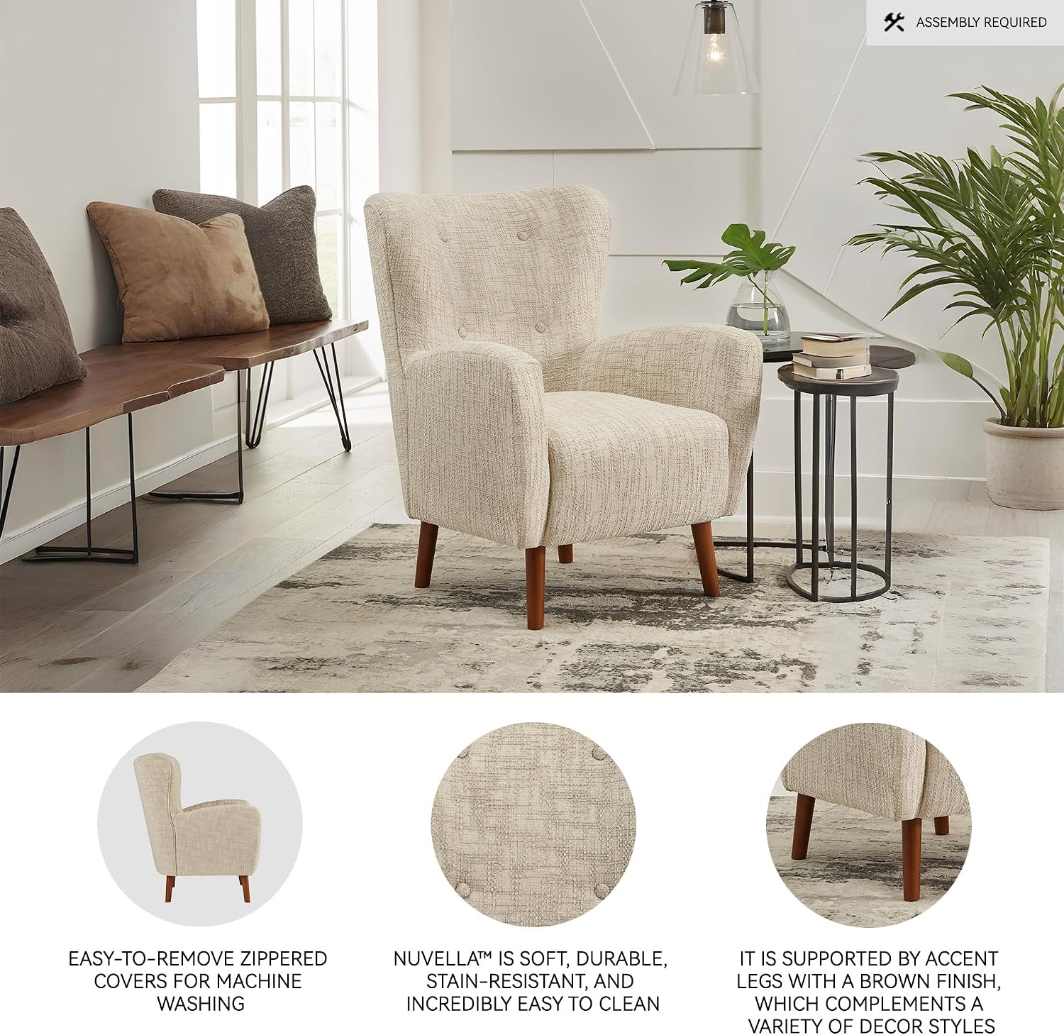 Signature Design by Ashley Jemison Next-Gen Nuvella Accent Chairs for Living Room, Stain-Resistant Fabric Wingback Armchair, Ideal for Cozy Nooks and Bedrooms, Dune Beige, 30" W