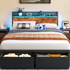Furnulem Queen Size Bed Frame with Headboard Storage, Platform Bed Frame Queen Size with 2 Drawers, Charging Station and LED Lights, No Box Spring Needed, Noise Free, Easy Assembly (1200 lbs Capacity)