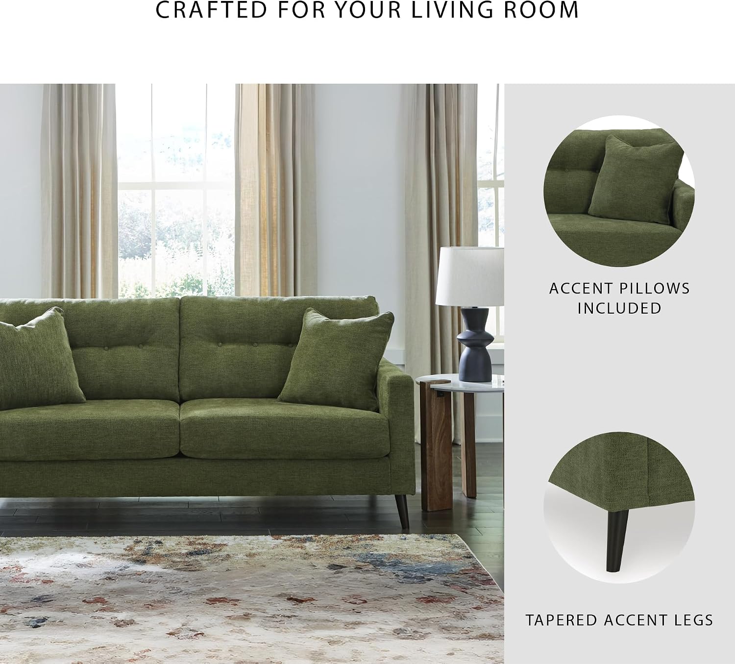 Signature Design by Ashley Bixler Sofa, No Assembly Required, Olive Green Chenille Upholstered 3-Seater Couch, Anti-Sag Platform Foundation, Button-Tufted Back, Living Room Furniture, 79 Inches