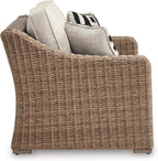 Signature Design by Ashley Beachcroft Outdoor Loveseat with High-Performance Nuvella Cushions, Resin Wicker on Rust-Resistant Aluminum Frame for Patio Seating, Beige