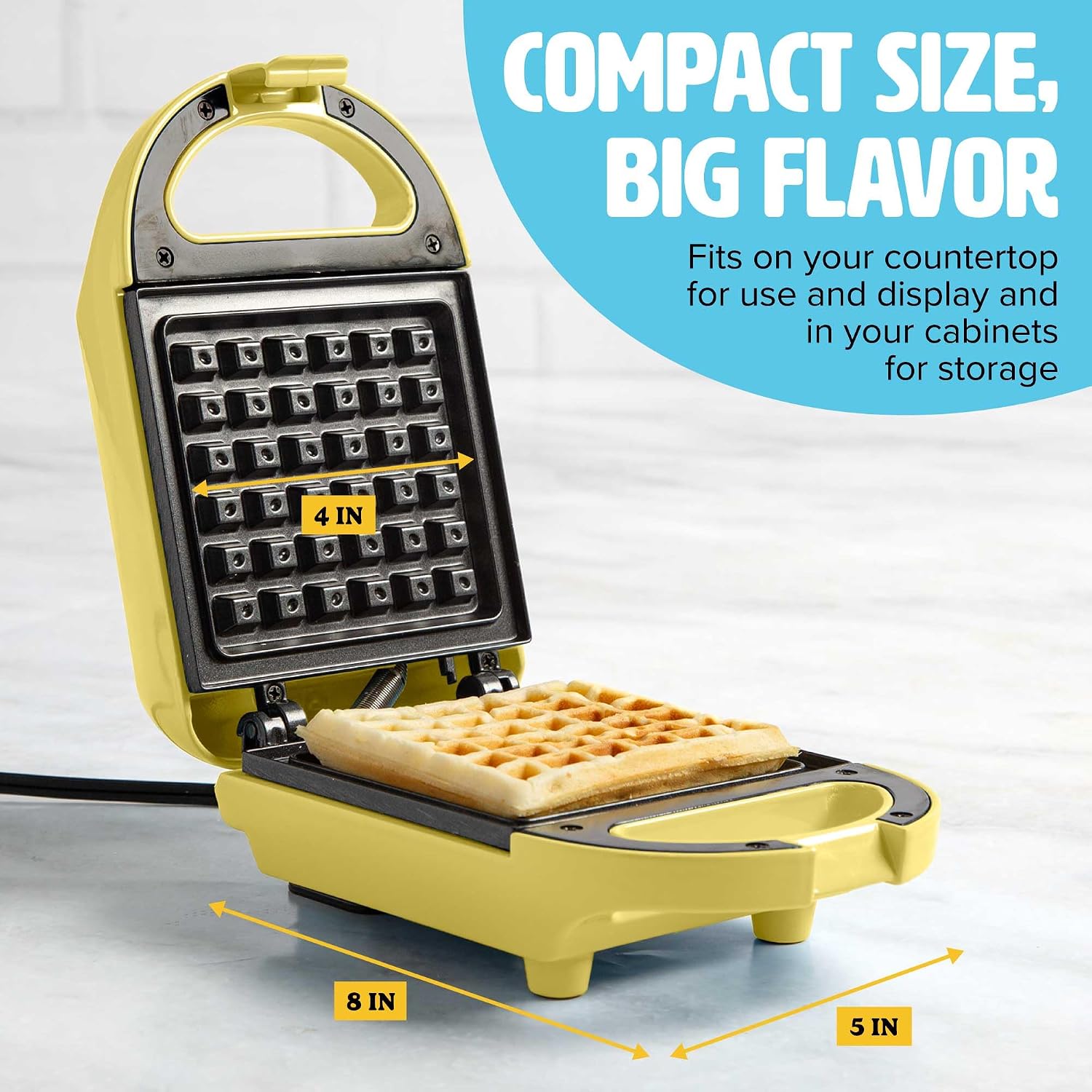Tasty Mini Nonstick Waffle Maker, Perfect for Individual Waffles, Hash Browns, Brownies and more, Quick Results, Easy Clean Up, 600W, Yellow