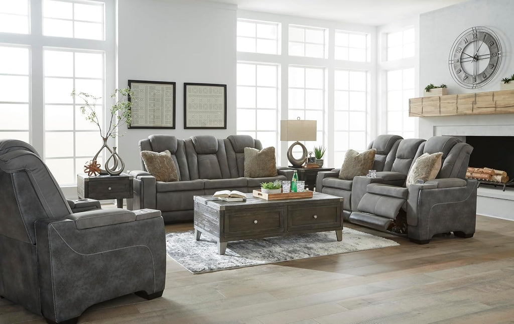 Signature Design by Ashley Next-Gen DuraPella Power Recliner with Adjustable Headrest, Storage Armrests, Wireless & USB Charging, Faux Leather, 2-Tone Gray