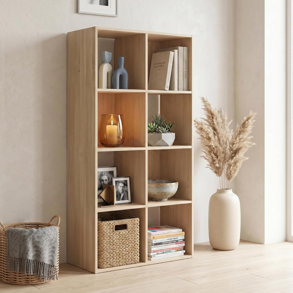 Signature Design by Ashley Piperton 8 Cube Storage Organizer, Natural Finish Over Replicated Ash Wood Grain, Vertical Floor Mount Cubbies for Living Room or Home Office, Light Brown
