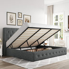 Allewie Queen Size Lift Up Storage Bed, Modern Wingback Headboard, Hydraulic Support, No Box Spring Needed, Light Beige