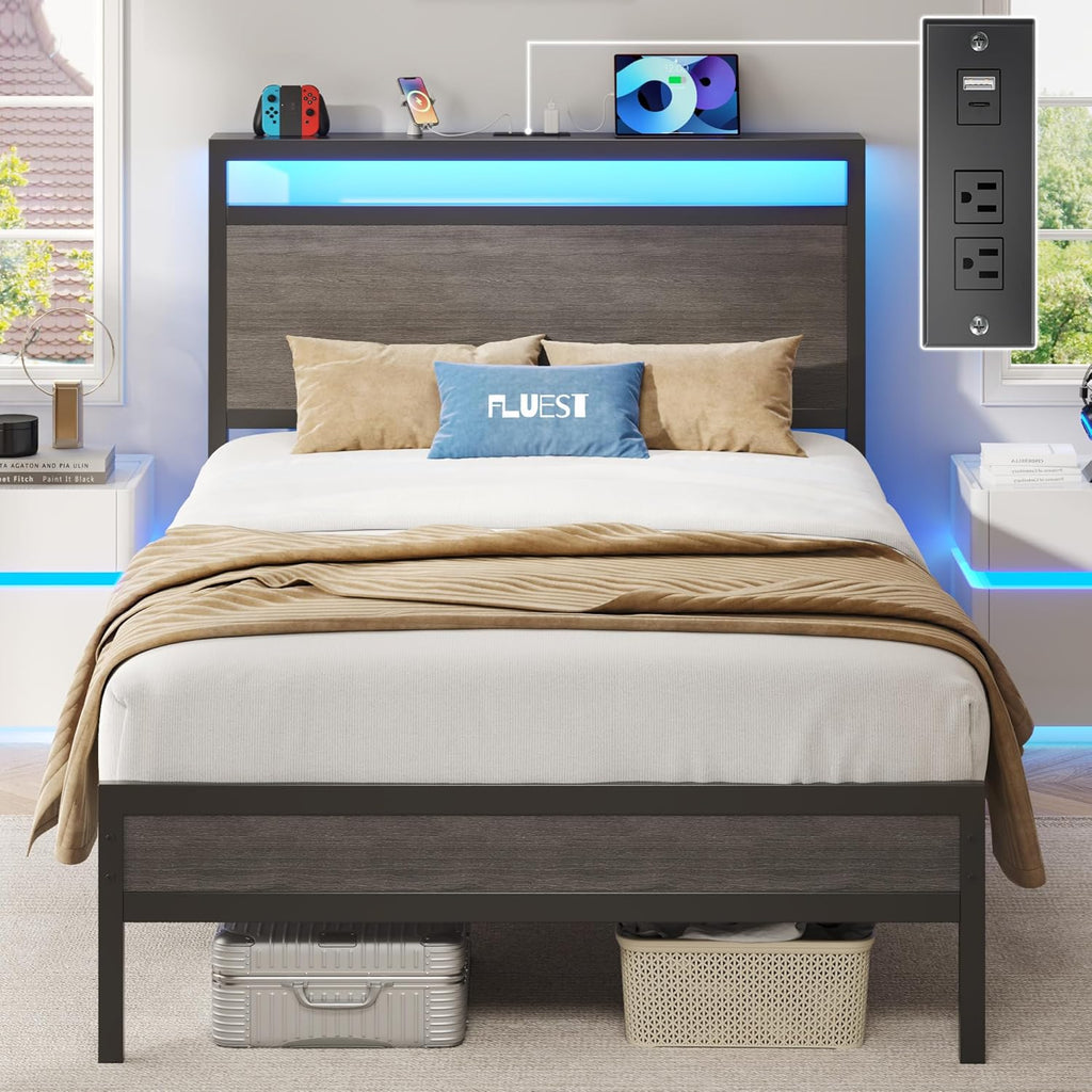 Fluest Queen Bed Frame with Headboard & Footboard, Bed Frame with Built-in Charging Station & LED Light, Storage Shelf, Noise-Free, No Box Spring Needed, Easy Assembly, Classic Black